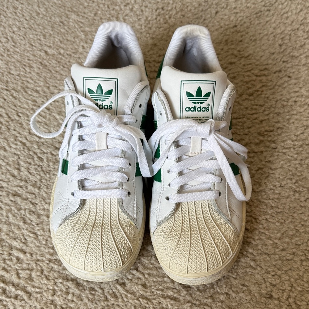 Adidas White and Green Shell Toe Sneakers